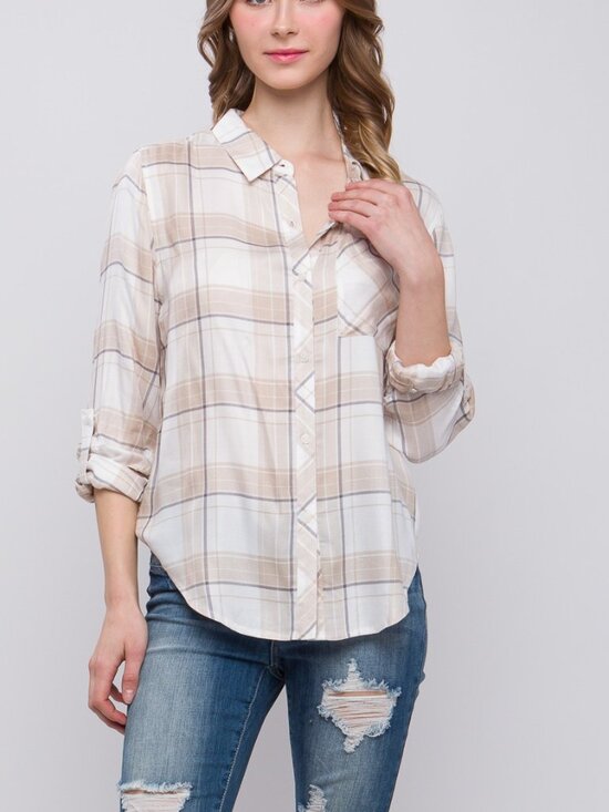 Love Tree Tops - Lightweight Plaid Button-Up - Khaki